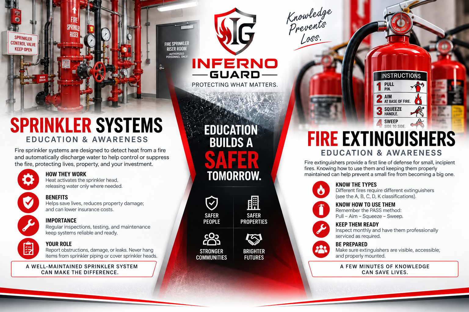 Fire safety training infographic — sprinkler and extinguisher education