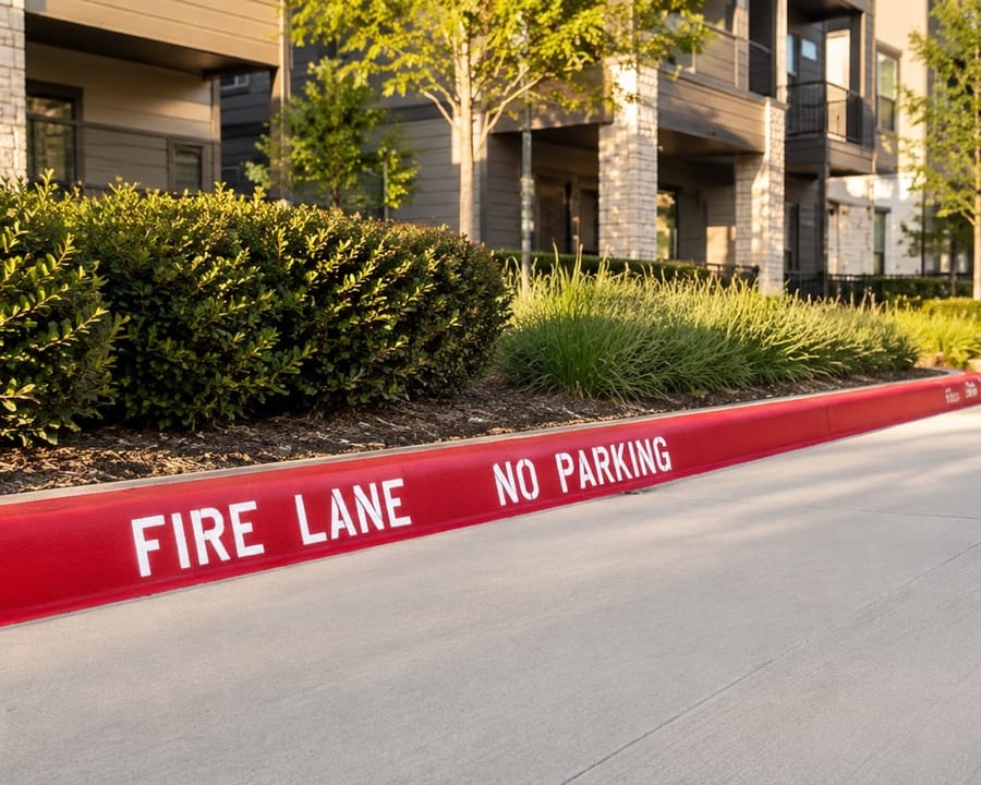 Red fire lane curb striping at residential building Dallas Fort Worth